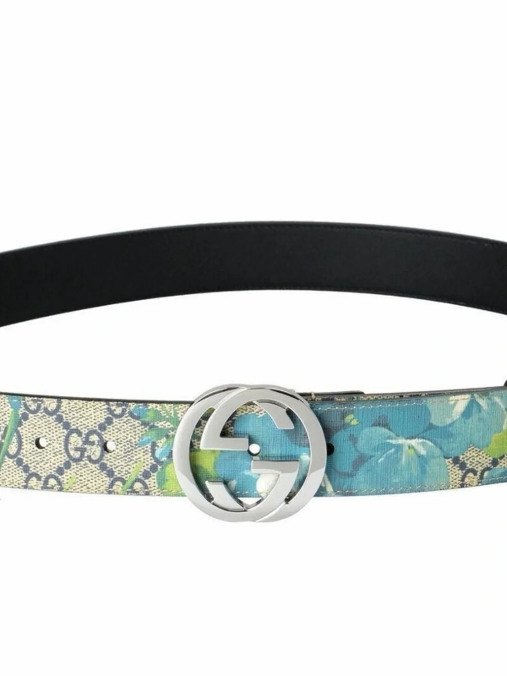 Gucci Floral Canvas Belt with Silver Interlocking G - Blue & Green